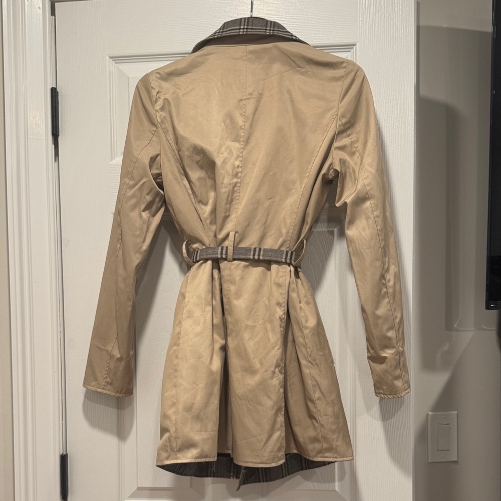 Tan Plaid Lined Women's Trench Coat - Picture 2 of 5